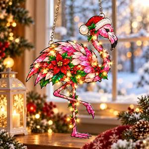 Christmas Pink Flamingo Suncatcher Window Hanging - Tropical Coastal Xmas Decor