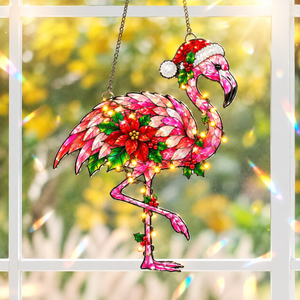 Christmas Pink Flamingo Suncatcher Window Hanging - Tropical Coastal Xmas Decor