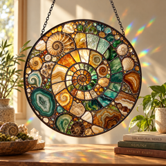 Ammonite Fossil Stained Glass Suncatcher Window Hanging - Agate Slice Mosaic Spiral Glass Art Panel