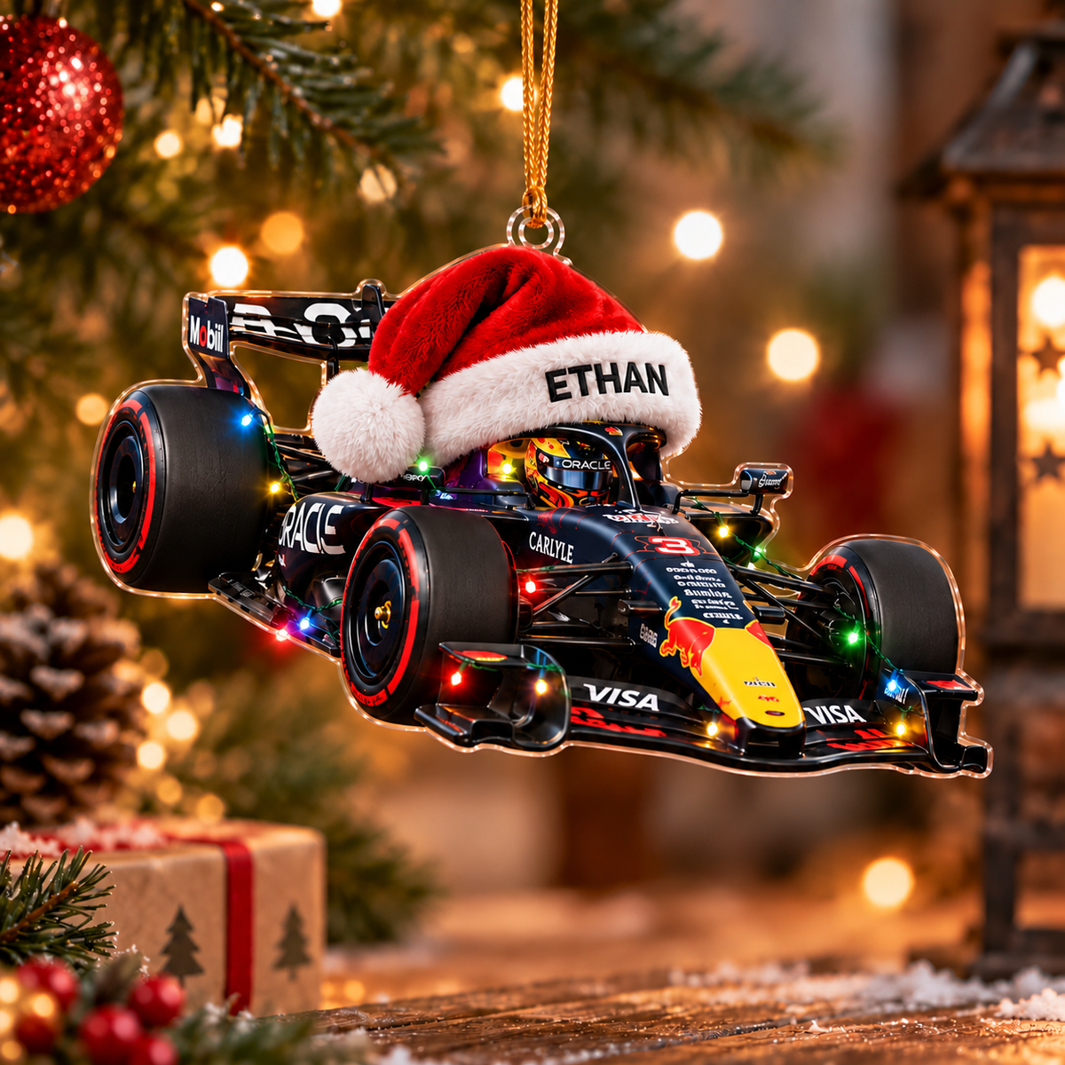 [Personalized] RB Racing Car Acrylic Christmas Ornament - Santa Hat Tree Decoration