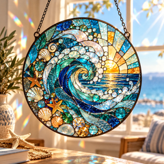 Ocean Wave Stained Glass Suncatcher Window Hanging - Seashell Starfish Sunset Glass Art Panel
