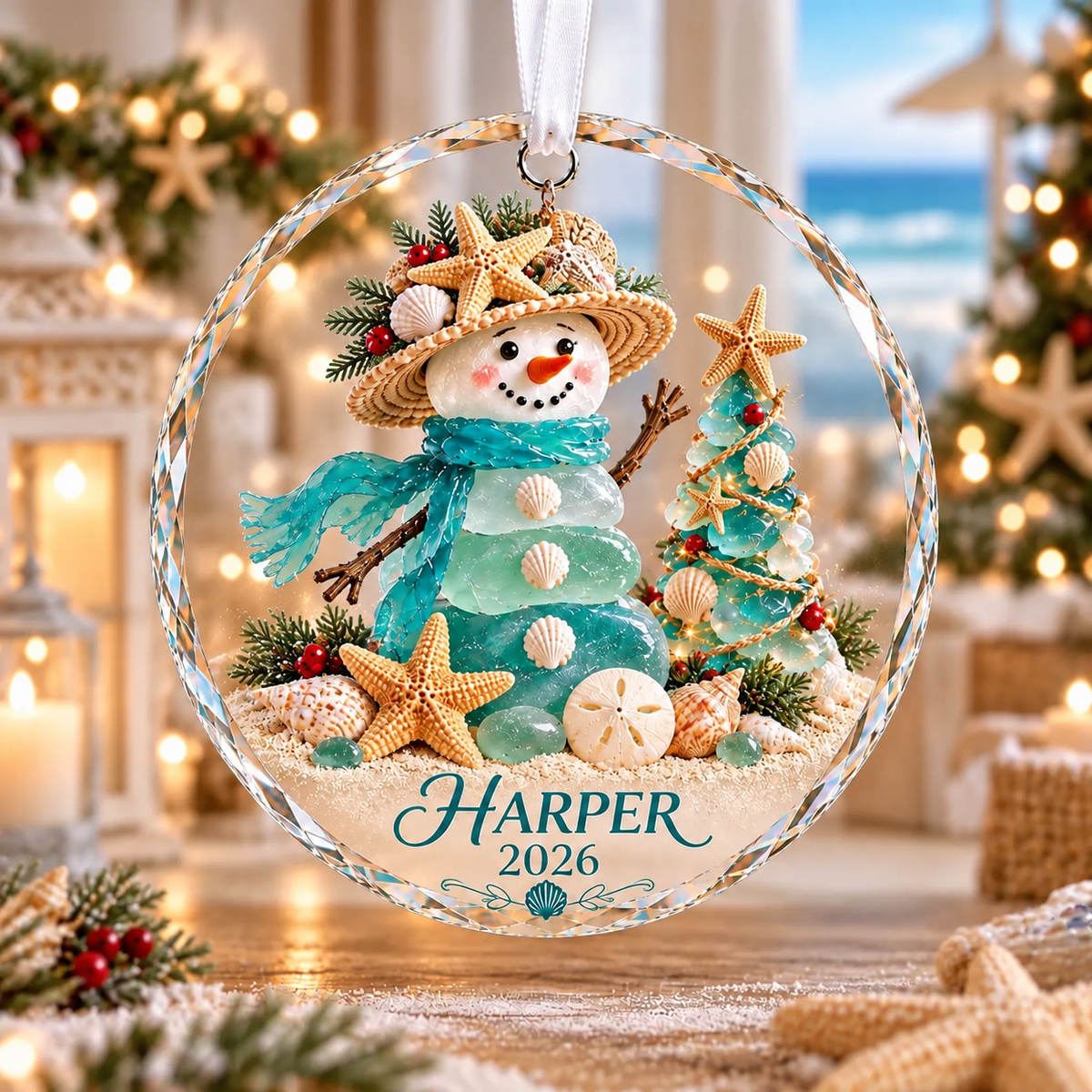 [Personalized] Sea Glass Snowman Christmas Ornament 2026 - Beach Lover Holiday Gift