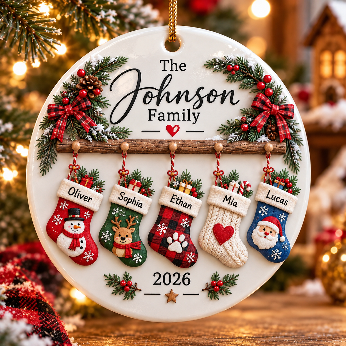[Personalized] Family Christmas Ornament 2026 - Custom Stocking Names Ceramic Tree Decor