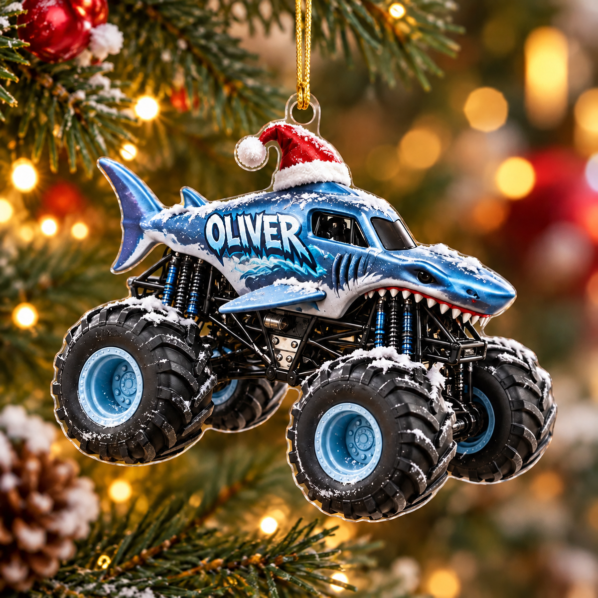 [Personalized]  Shark Monster Truck Christmas Ornament - Kids Monster Truck Lover Gift