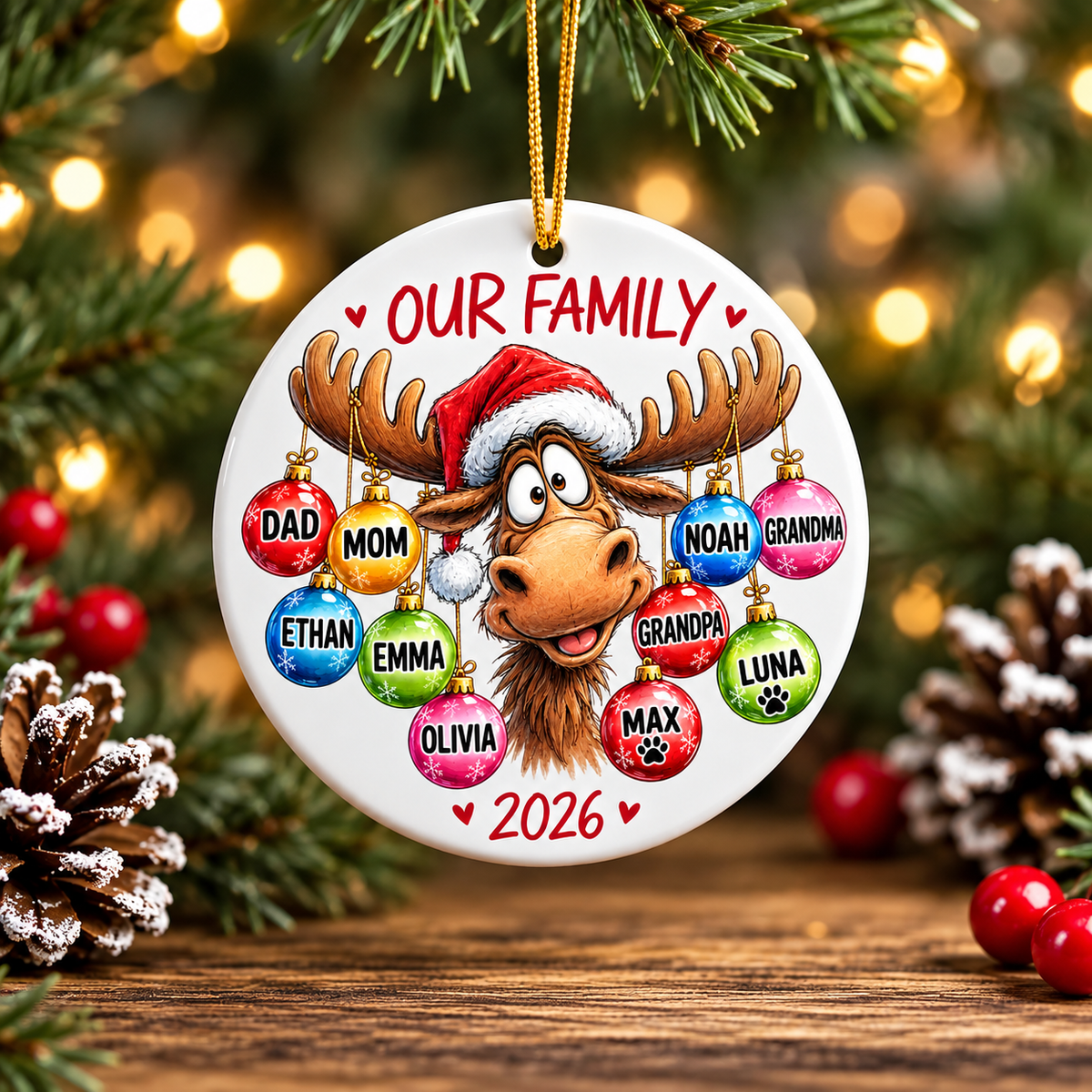 [Personalized] Reindeer Family Christmas Ornament 2026 - Custom Family & Pet Names Baubles Tree Decor