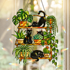 Black Cat Plant Shelf Suncatcher Window Hanging - Botanical Houseplants Decor