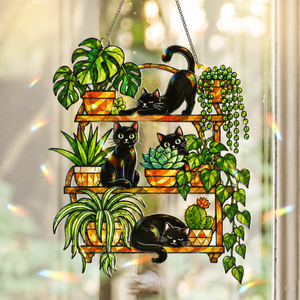 Black Cat Plant Shelf Suncatcher Window Hanging - Botanical Houseplants Decor