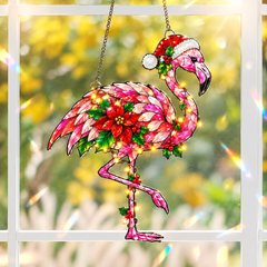 Christmas Pink Flamingo Suncatcher Window Hanging - Tropical Coastal Xmas Decor
