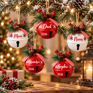 [Personalized] Jingle Bell Christmas Ornament 2026 - Custom Name Red White Bell Tree Decor Holiday Gift