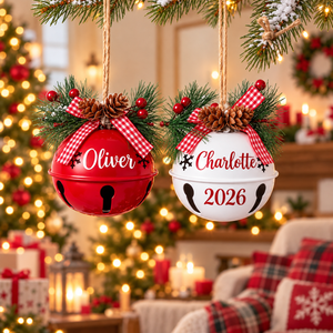 [Personalized] Jingle Bell Christmas Ornament 2026 - Custom Name Red White Bell Tree Decor Holiday Gift