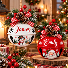 [Personalized] COMBO 2 Jingle Bell Ornament Racing - Santa & Snowman Metal Sleigh Bell Ornament
