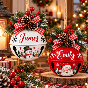 [Personalized] COMBO 2 Jingle Bell Ornament Racing - Santa & Snowman Metal Sleigh Bell Ornament