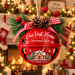 [Personalized] Our First Home Christmas 2026 Metal Sleigh Bell Ornament - Jingle Bell Christmas Ornament 2026