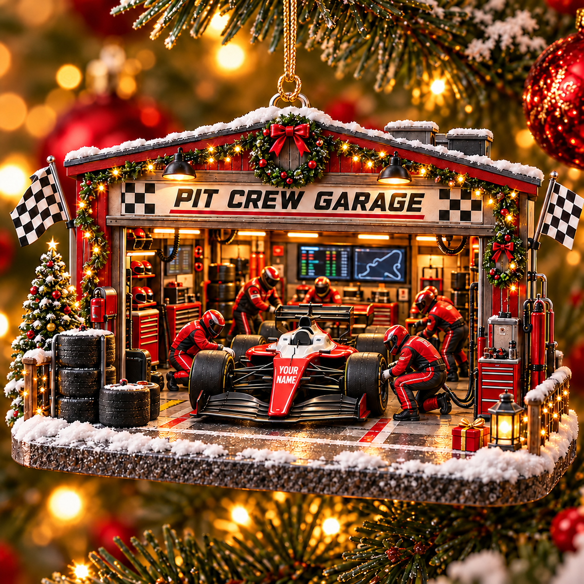 [Personalized] F1 Pit Crew Garage Christmas Ornament - Car Guy Xmas Gift