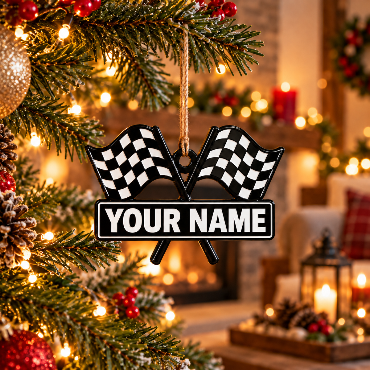 [Personalized] Racing Flag Christmas Ornament - Car Enthusiast Xmas Gift