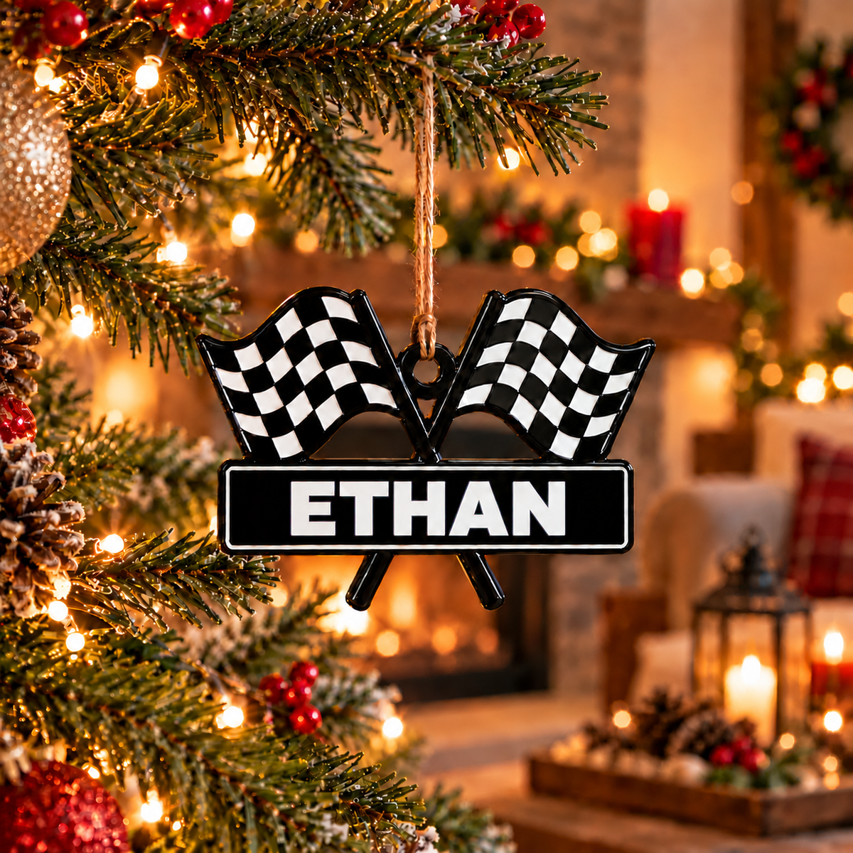 [Personalized] Racing Flag Christmas Ornament - Car Enthusiast Xmas Gift