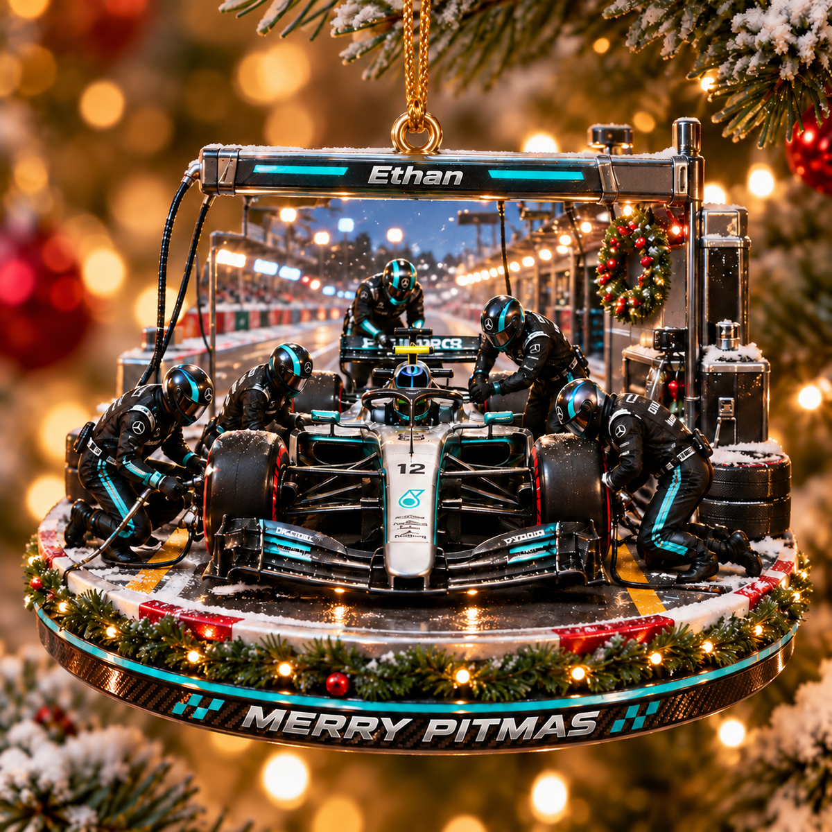 [Personalized] Custom Name Merry Pitmas Acrylic Tree Decor - Motorsport Holiday Gift