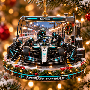 [Personalized] Custom Name Merry Pitmas Acrylic Tree Decor - Motorsport Holiday Gift