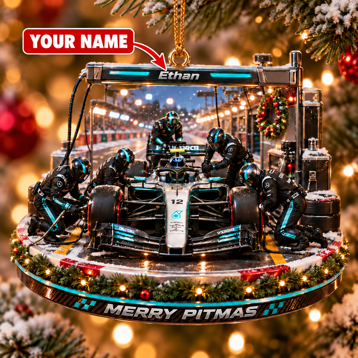 [Personalized] Custom Name Merry Pitmas Acrylic Tree Decor - Motorsport Holiday Gift