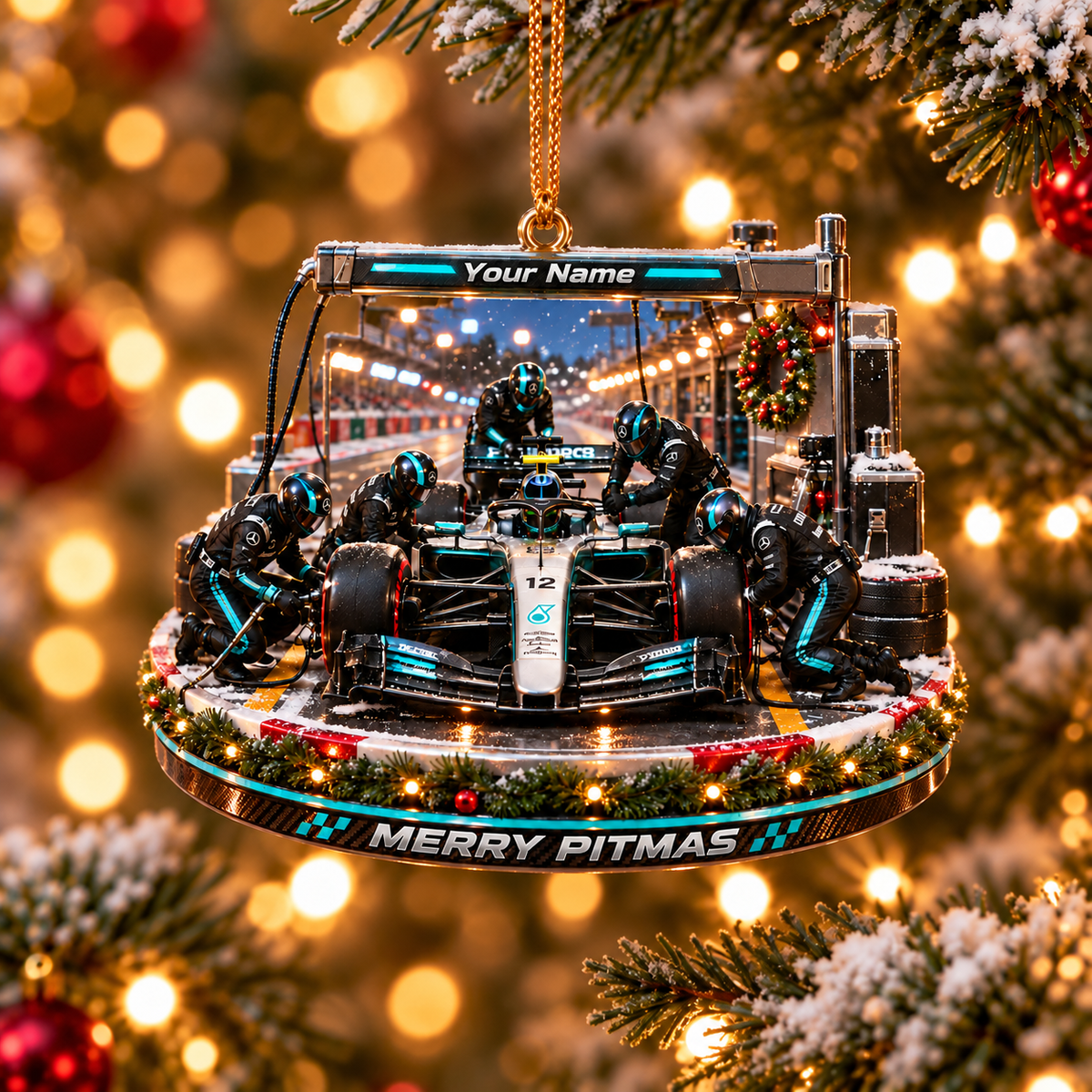 [Personalized] Custom Name Merry Pitmas Acrylic Tree Decor - Motorsport Holiday Gift