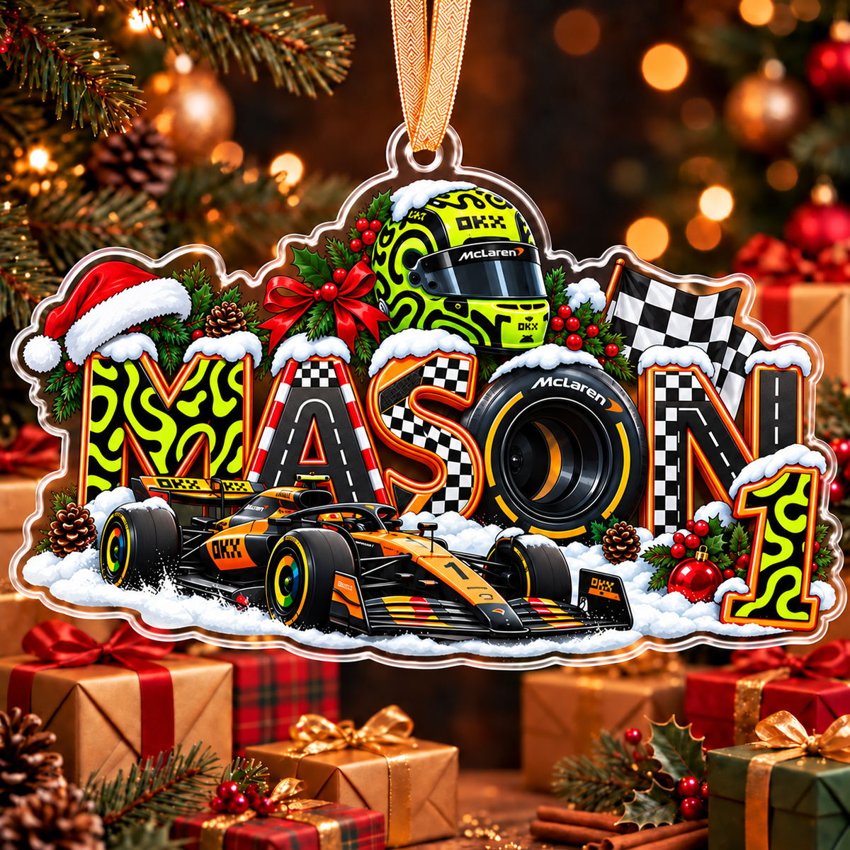 [Personalized] Custom Name Racing Helmet & Car Ornament - Car Guy Holiday Gift