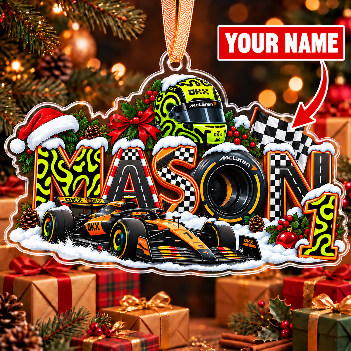 [Personalized] Custom Name Racing Helmet & Car Ornament - Car Guy Holiday Gift