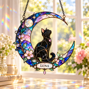 [Personalized] Black Cat on Crescent Moon Suncatcher Window Hanging - Custom Name Pet Memorial Light Catcher